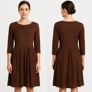 Oxiuly Fashion Dress Womens XL Brown Stripe Fit & Flare Midi Pockets Casual